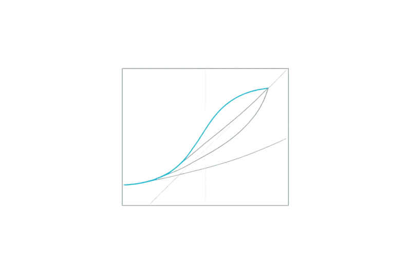 A square plot with a diagonal identity line and four transfer curves: an S-curve, a concave and a convex gamma curve, and a descending line